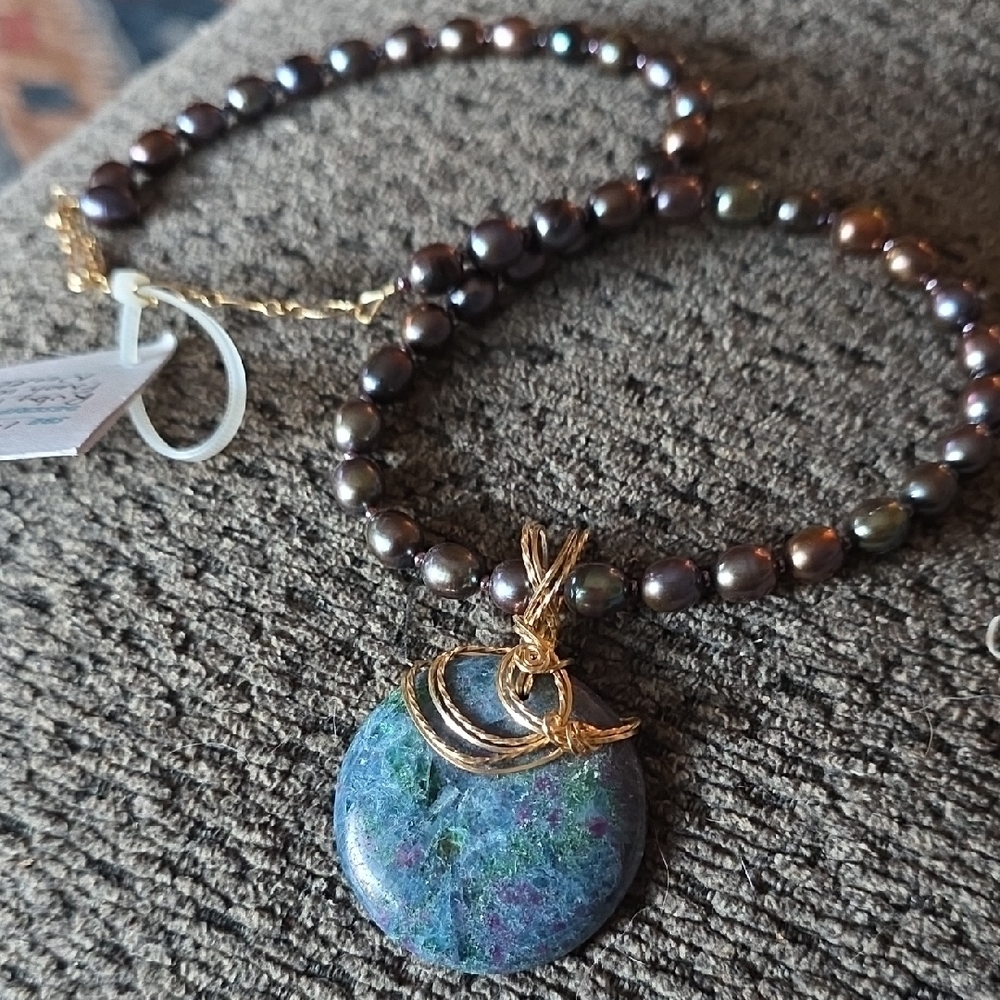 Fresh Water Peacock Colored Pearls And Ruby Fuchite  Necklace